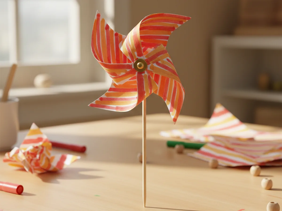 A colorful handmade paper pinwheel with rainbow marker patterns attached to a wooden skewer