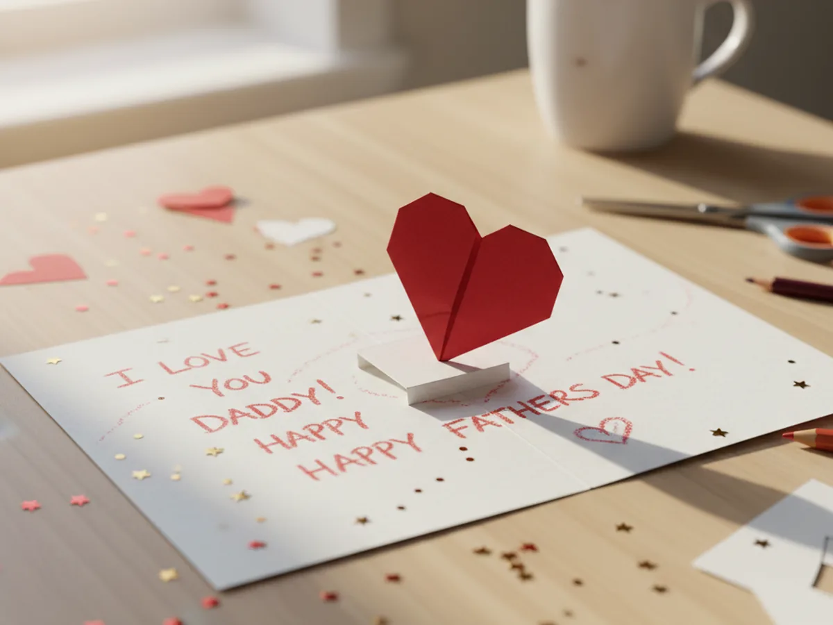 A handmade paper pop-up card open on a table showing a small red heart popping out from the center fold