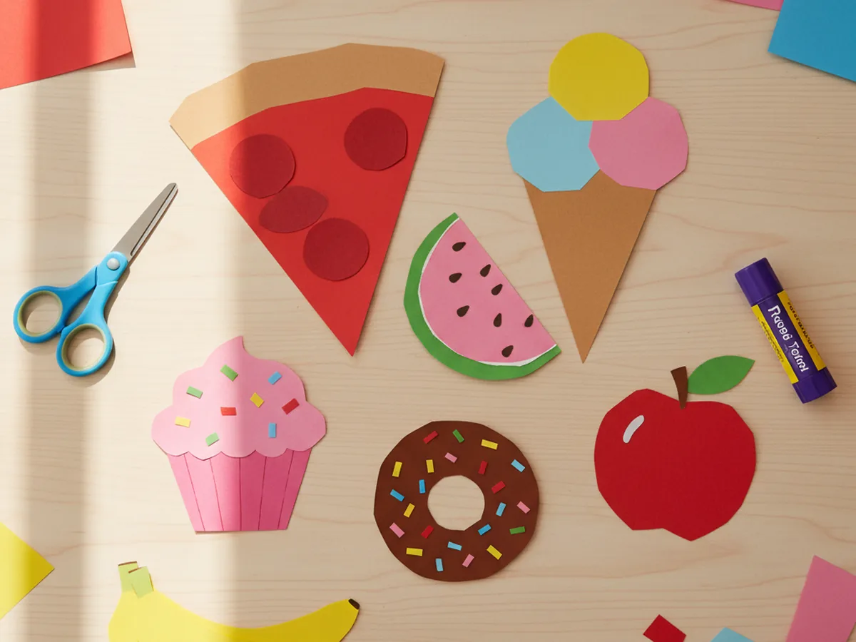 A colorful spread of food crafts with paper including a paper pizza slice, ice cream cone, cupcake, watermelon slice, and donut on a bright craft table