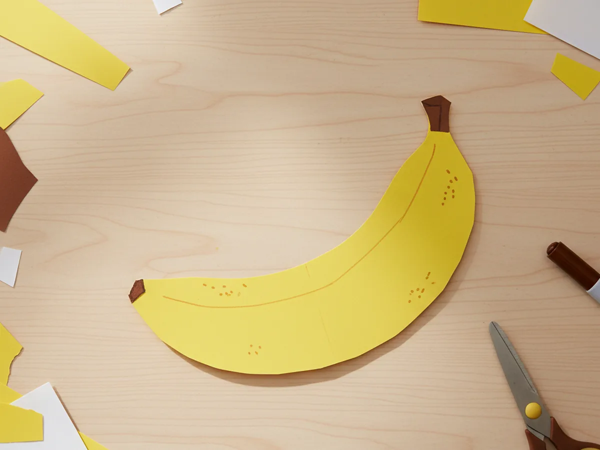 A handmade paper banana in bright yellow with small brown tips at each end, faint marker ridge lines, and tiny brown ripe specks