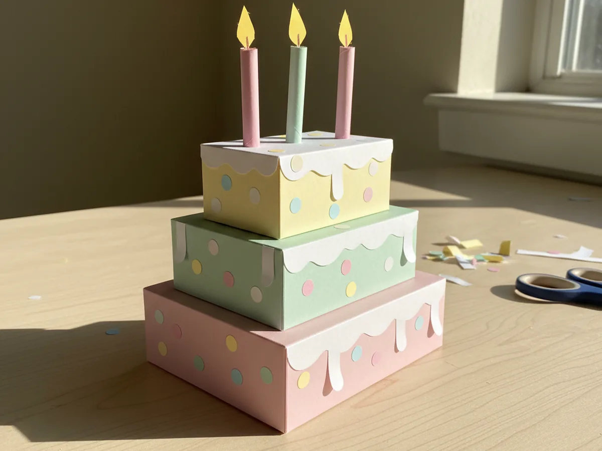 A handmade paper birthday cake with three pastel layered tiers, a wavy white frosting strip on top, paper candles with yellow flames, and side polka dot decorations