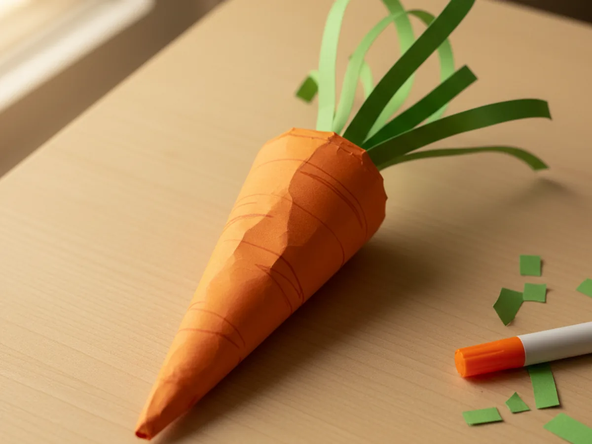 A handmade paper carrot with a rolled orange cone body, thin green paper leafy strips at the top, and faint marker ridge lines along the side