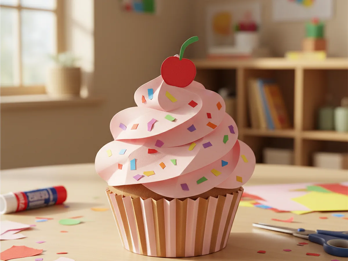 A handmade paper cupcake with a striped pink liner, soft pastel frosting swirl, tiny rainbow sprinkles, and a small red cherry on top