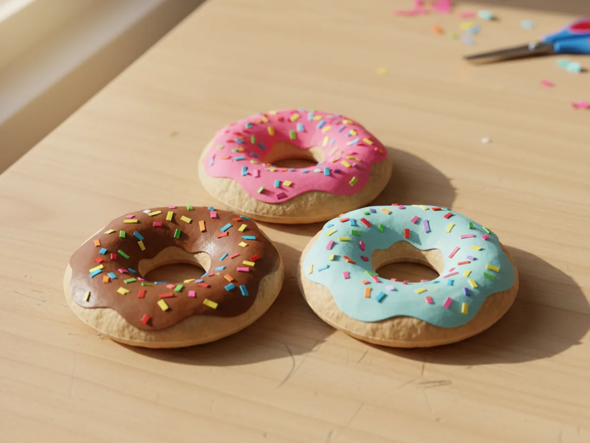 Three handmade paper donuts with tan ring bases topped with pink, chocolate, and pastel blue frosting and tiny rainbow paper sprinkles