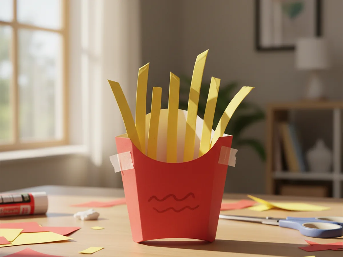 A handmade red paper fries cup filled with seven long thin yellow paper french fries poking out at different heights
