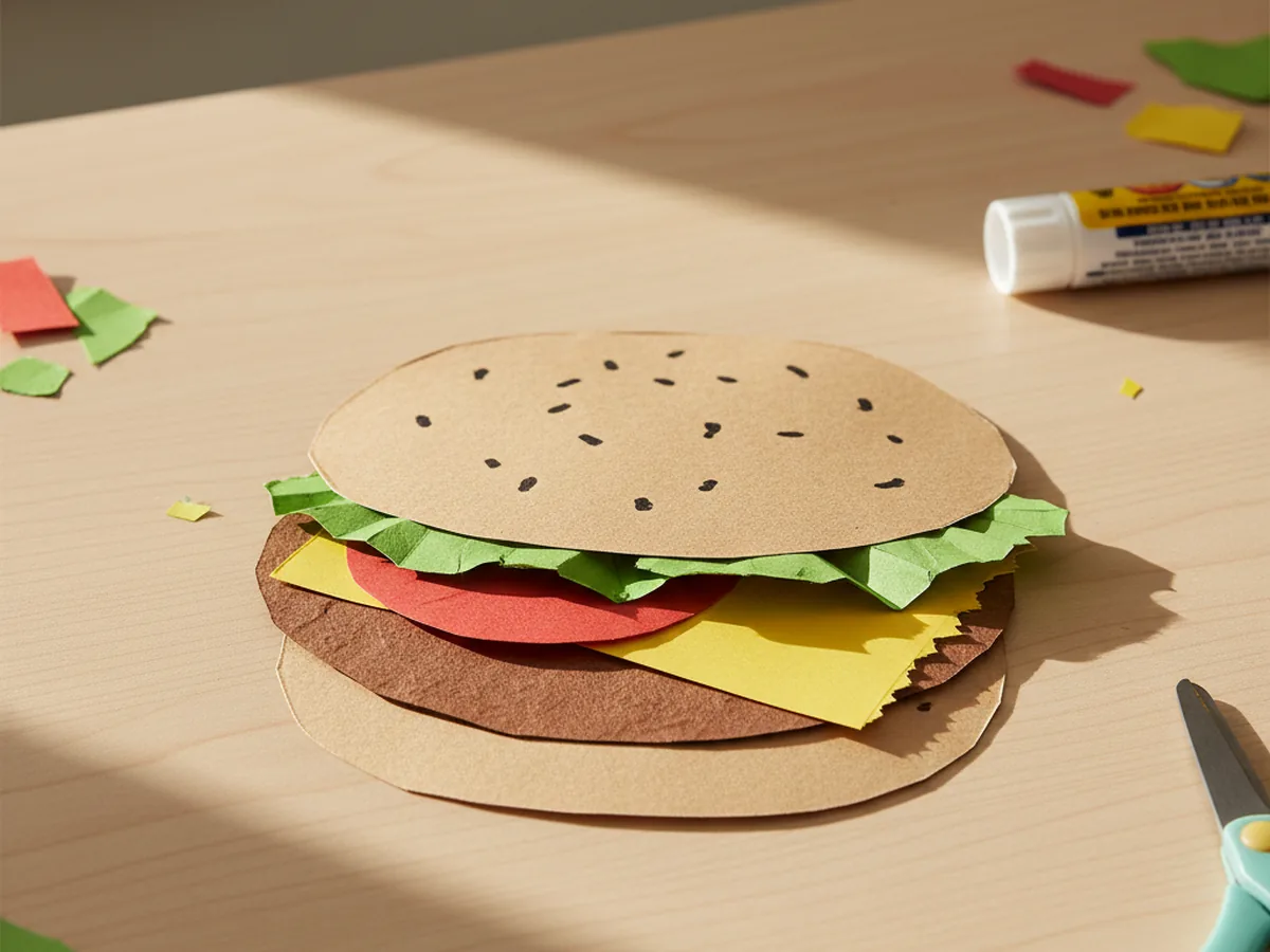 A handmade paper hamburger with a tan sesame seed bun, brown patty, green ruffled lettuce, red tomato slice, and yellow cheese square
