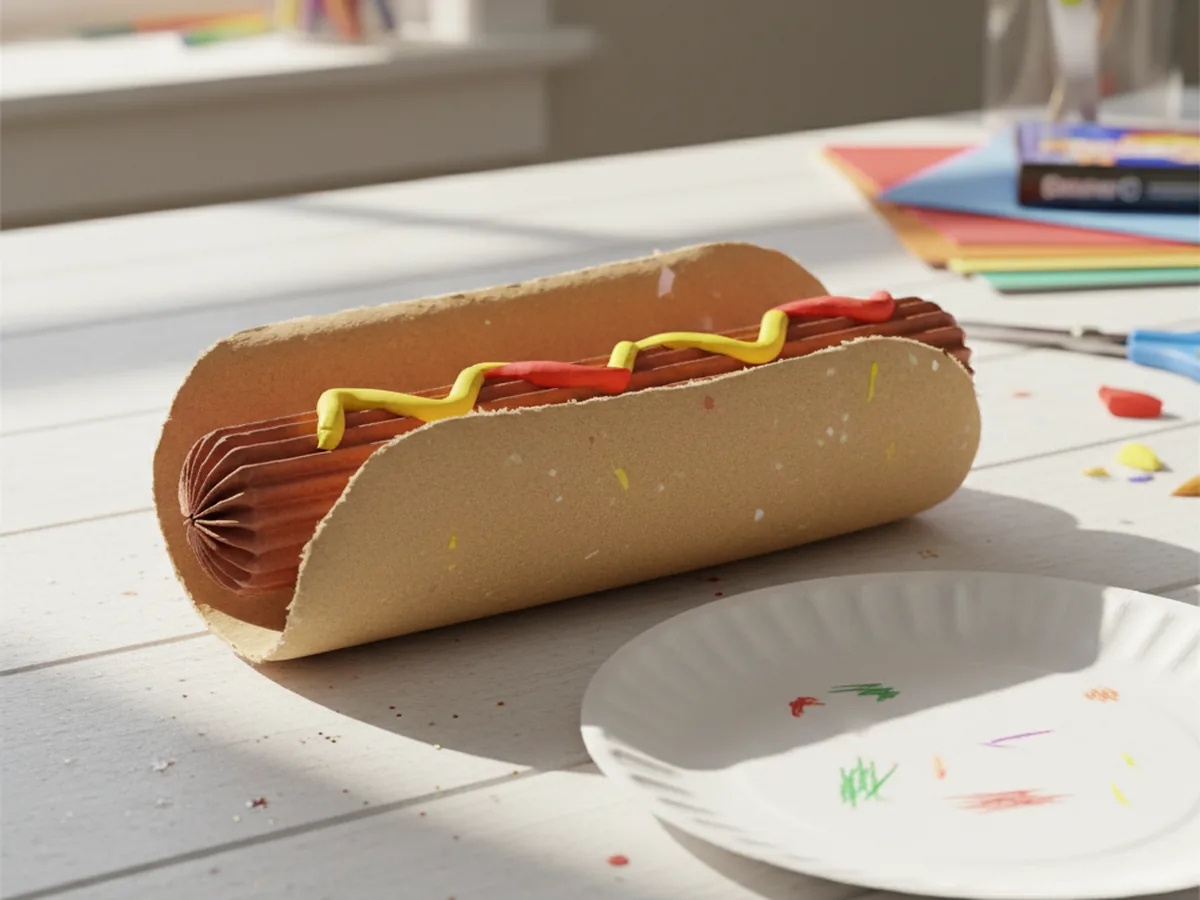 A handmade paper hot dog with a tan bun, brown sausage tucked in the middle, and wavy yellow mustard and red ketchup paper strips on top