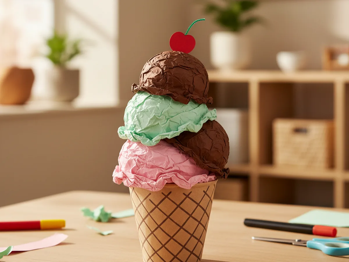 A handmade paper ice cream cone with a brown waffle-pattern cone and three layered scoops in pink, mint, and chocolate brown topped with a red cherry