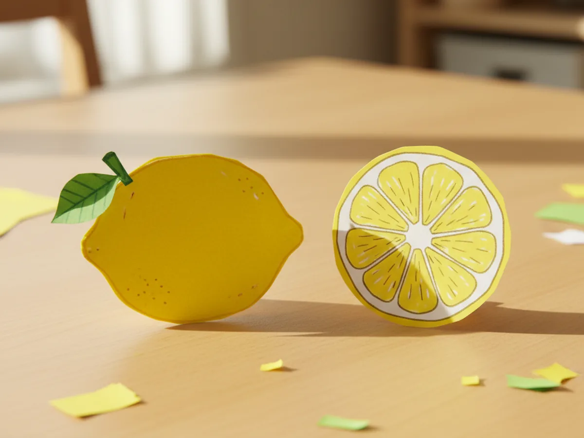 A handmade paper lemon and a sliced lemon version with bright yellow oval shapes, green leaf stems, white inner segments, and thin segment lines