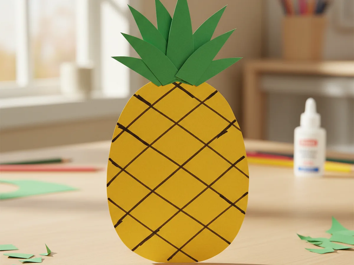 A handmade paper pineapple with a tall yellow oval body, black marker crisscross diamond pattern, and a spiky green leaf crown of pointed strips