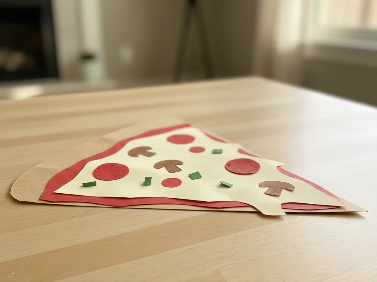 A handmade paper pizza slice with a tan cardstock base, red sauce edge, cream cheese layer, paper pepperoni circles, and tiny green pepper squares
