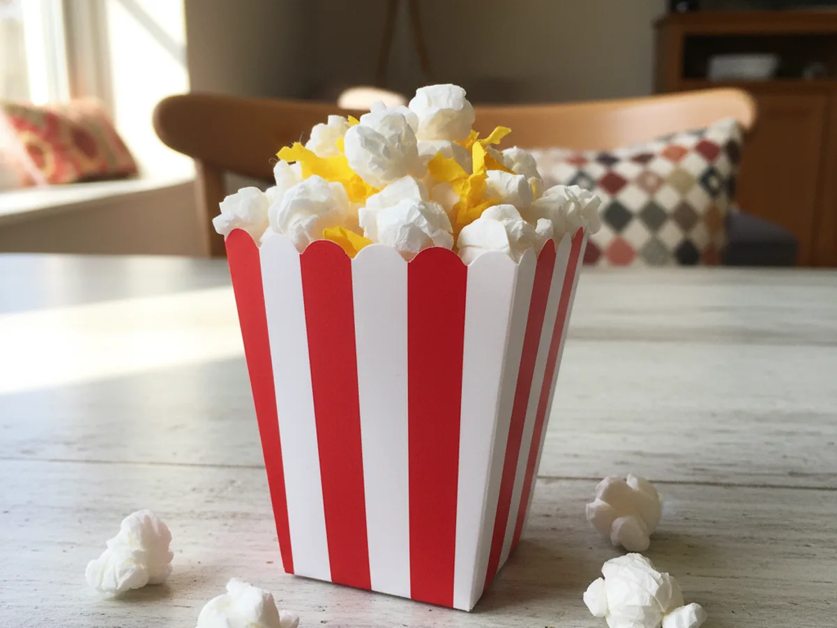 A handmade red and white striped paper popcorn bucket overflowing with crinkled white tissue paper popcorn balls and small yellow buttery pieces
