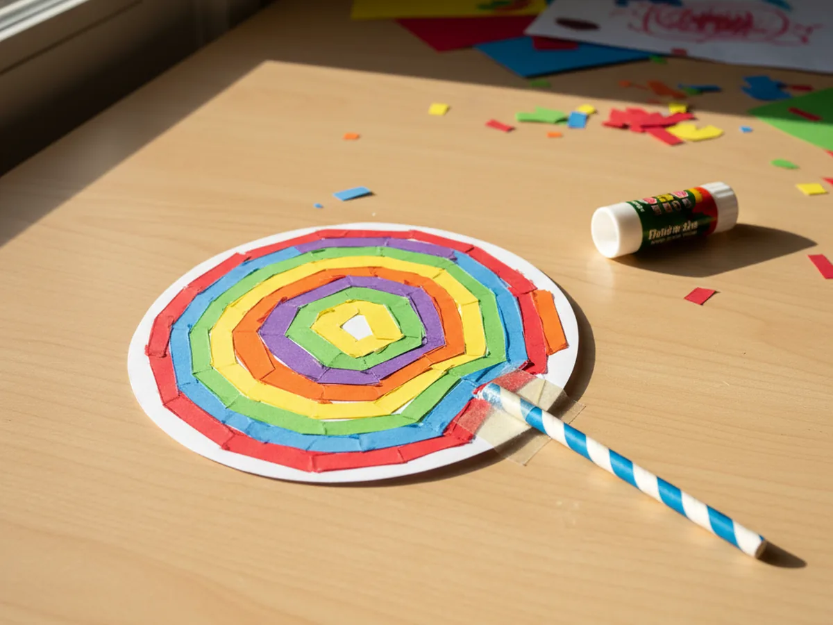 A handmade paper rainbow lollipop with a white cardstock circle covered in colorful swirling paper strips and a paper straw stick taped to the back