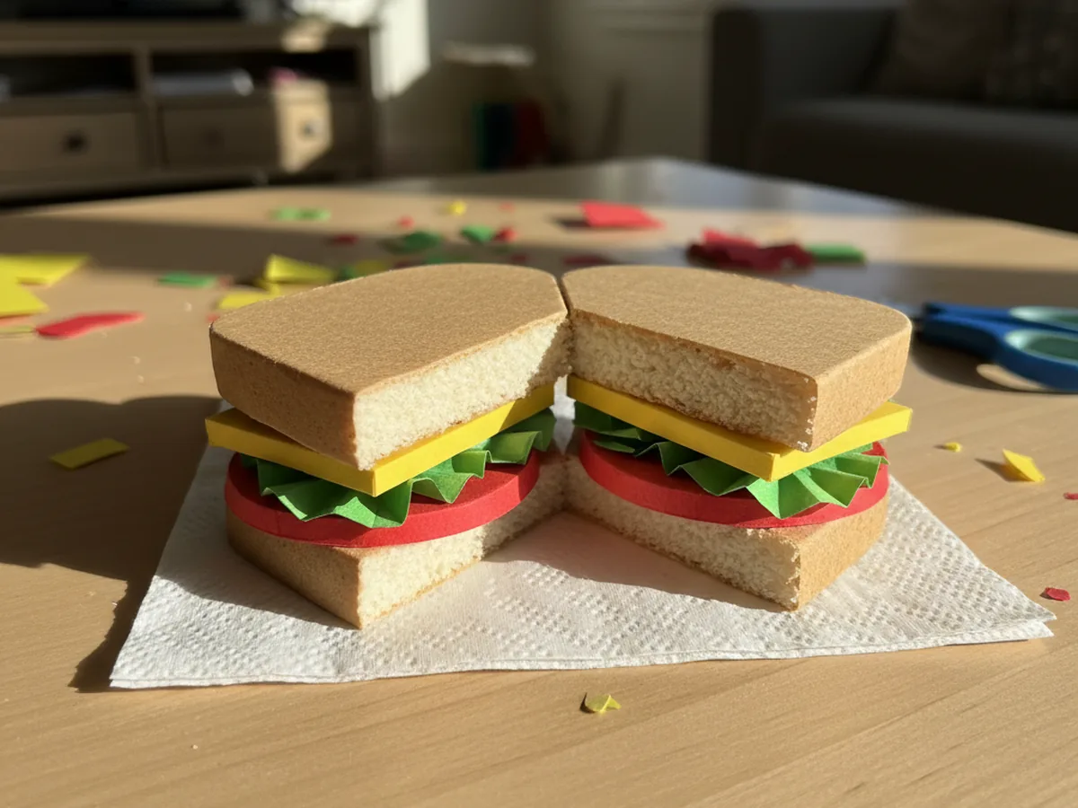 A handmade paper sandwich cut in half on the diagonal showing tan bread slices, yellow cheese, ruffled green lettuce, and a red tomato slice between