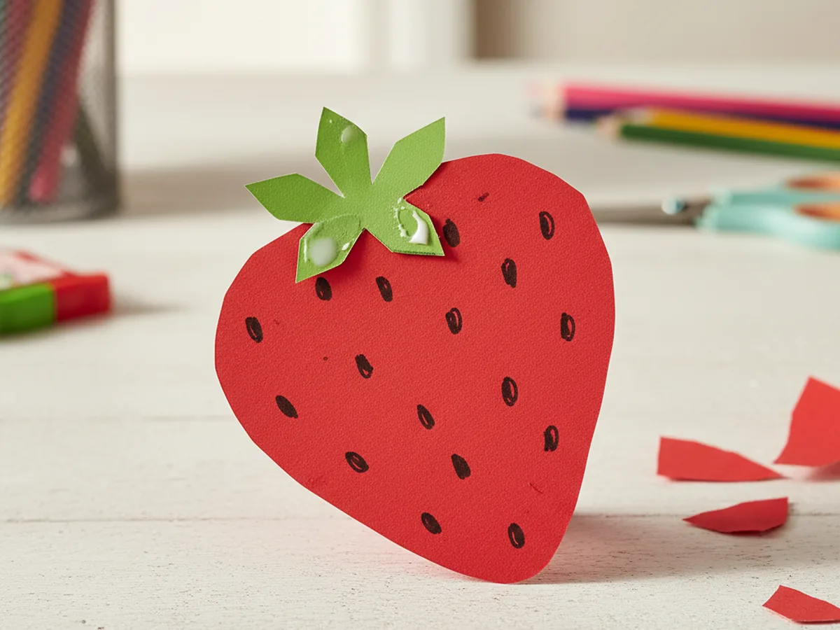 A handmade paper strawberry with a bright red heart shape, small green leafy crown on top, and tiny black marker seed dots scattered across