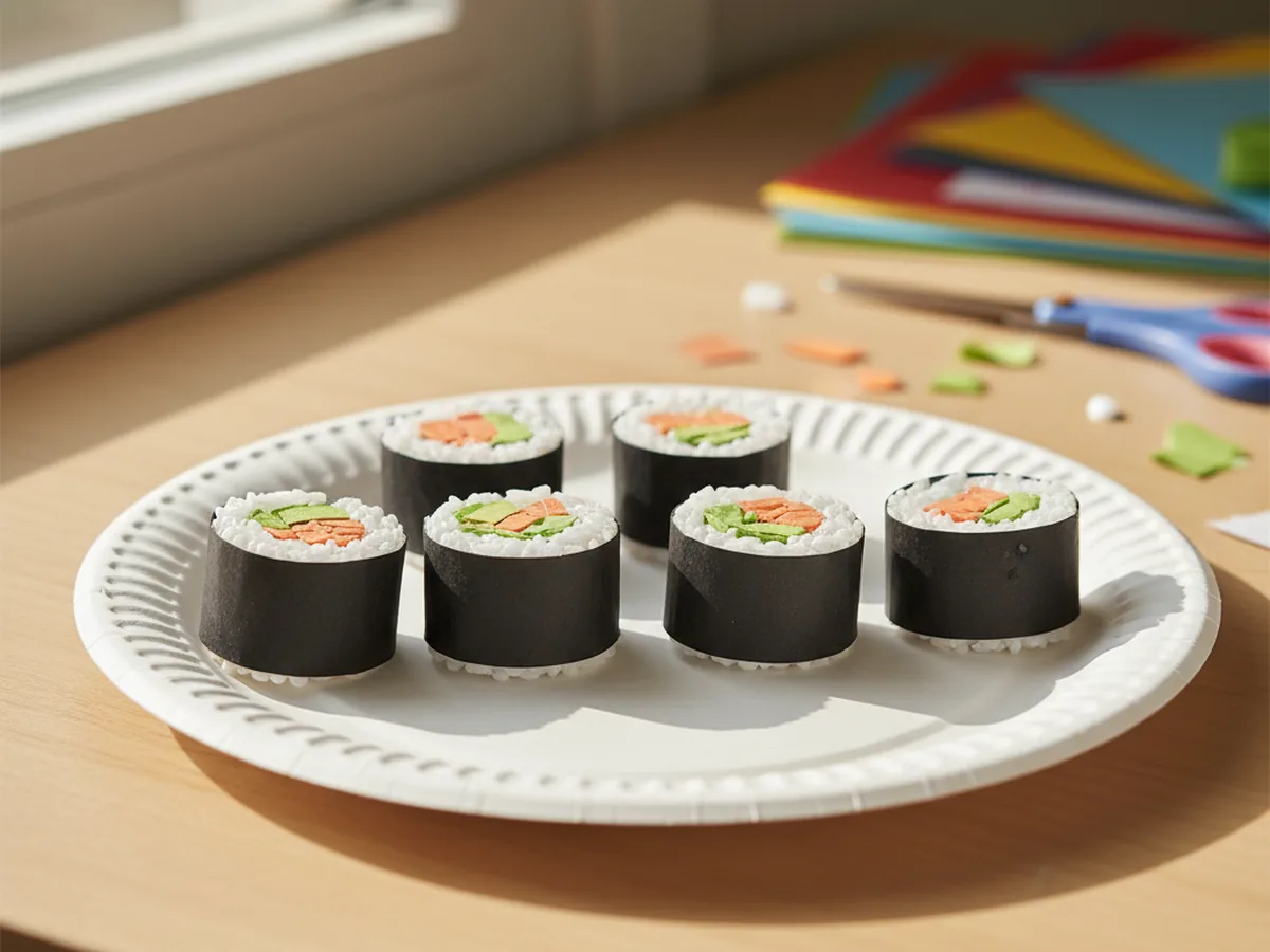 Several handmade paper sushi rolls with black seaweed wrappers, white rice centers, and small orange and green paper fillings on a paper plate