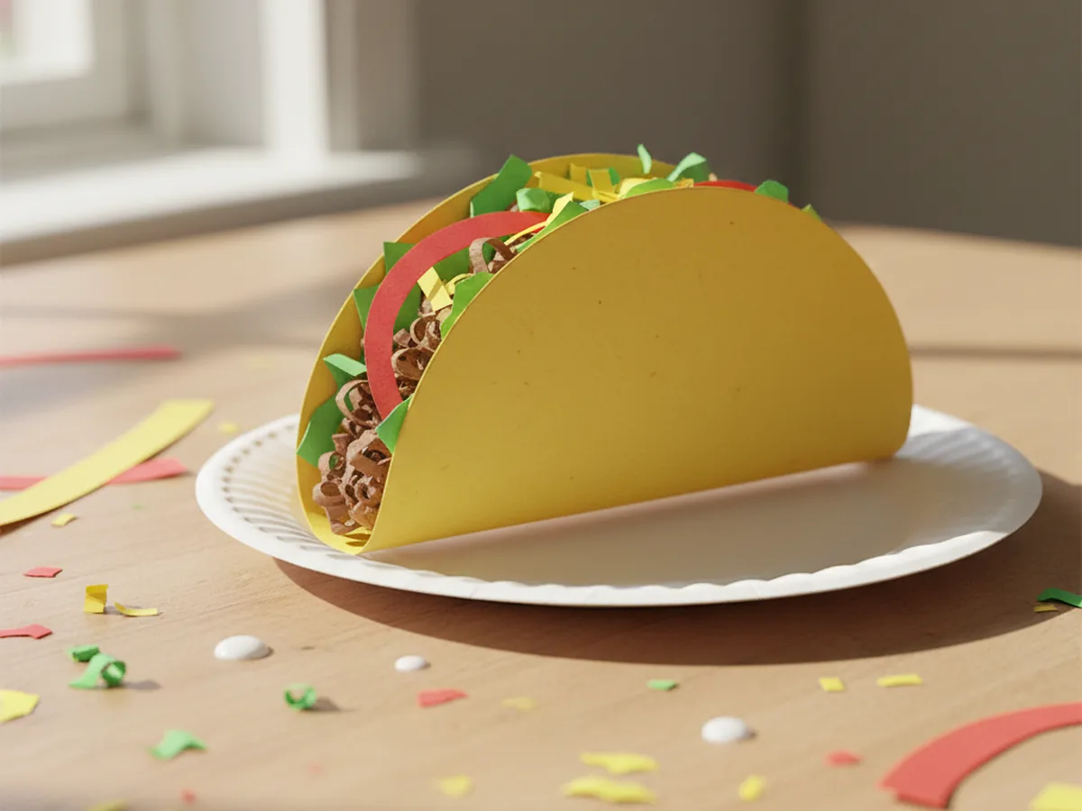 A handmade paper taco with a folded yellow shell, ruffled green lettuce, red tomato strip, brown meat squiggles, and yellow cheese sprinkles