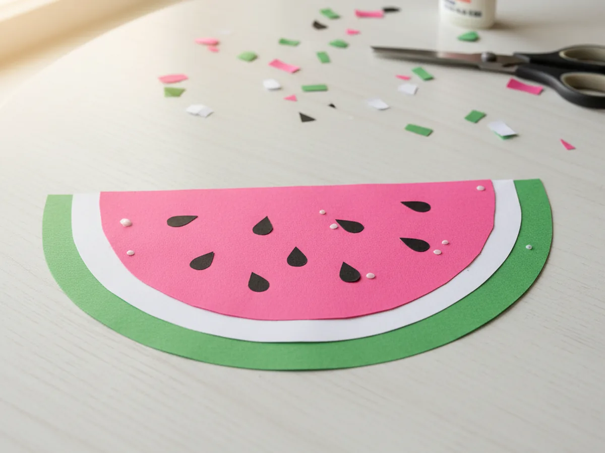 A handmade paper watermelon slice with a green rind, white inner layer, bright pink fruit center, and small black paper teardrop seeds