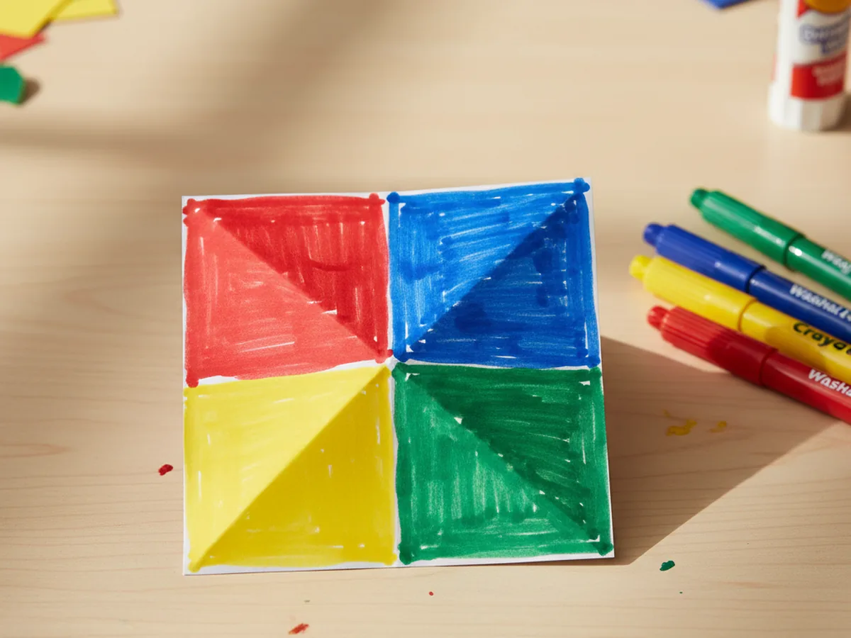 A fortune teller paper craft with four outer flaps colored in red, blue, yellow, and green using washable markers