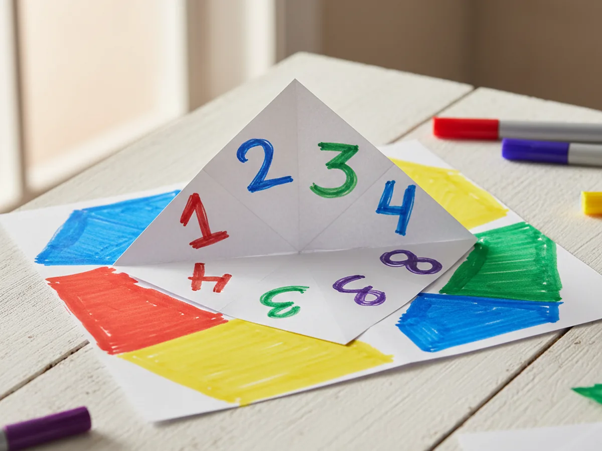 An opened fortune teller paper craft with the numbers 1 through 8 written colorfully on each inner triangle flap