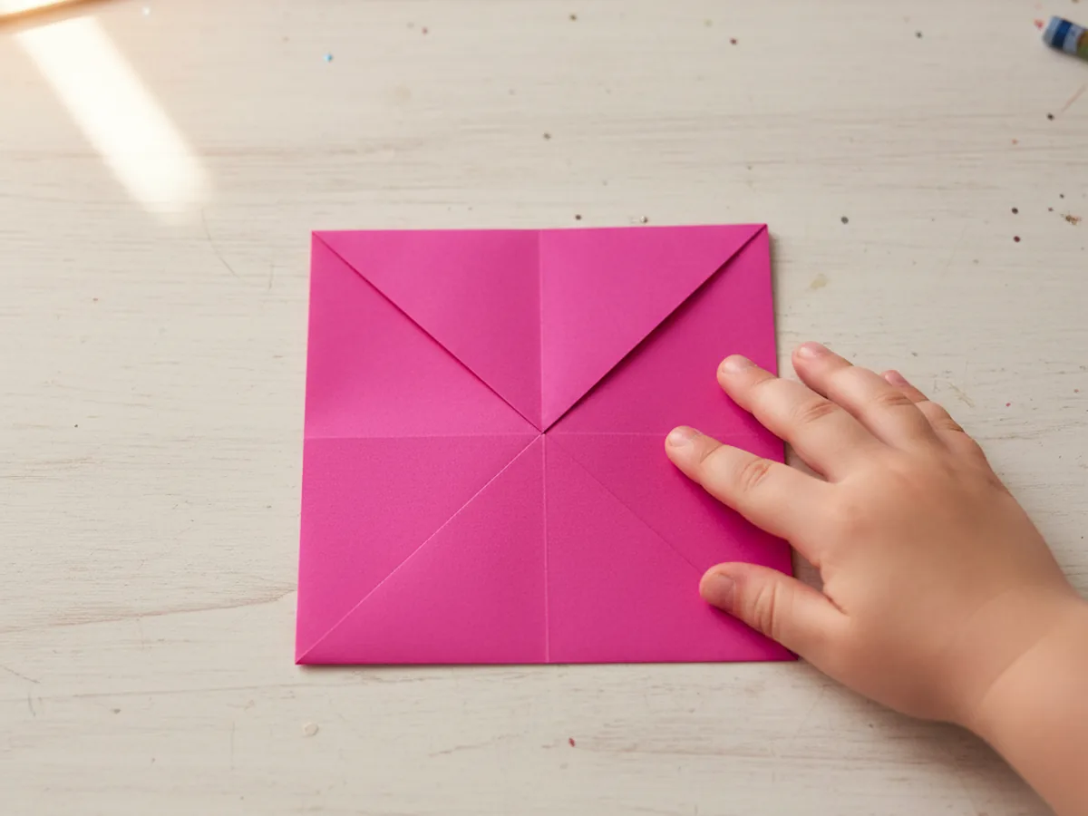 A colored paper square with all four corners folded inward to meet at the center point for a fortune teller paper craft