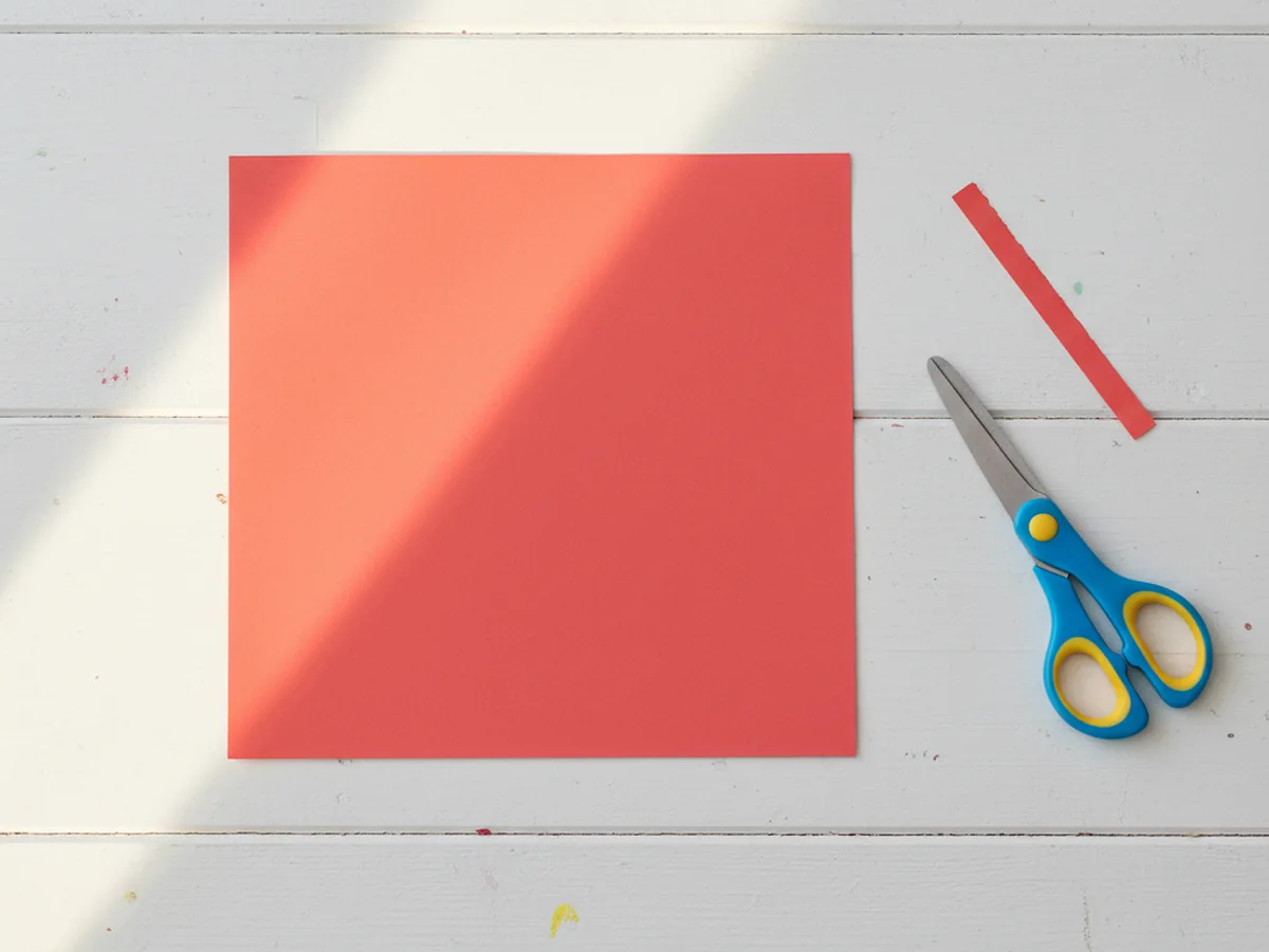 A square piece of bright colored paper trimmed and ready for folding into a fortune teller paper craft