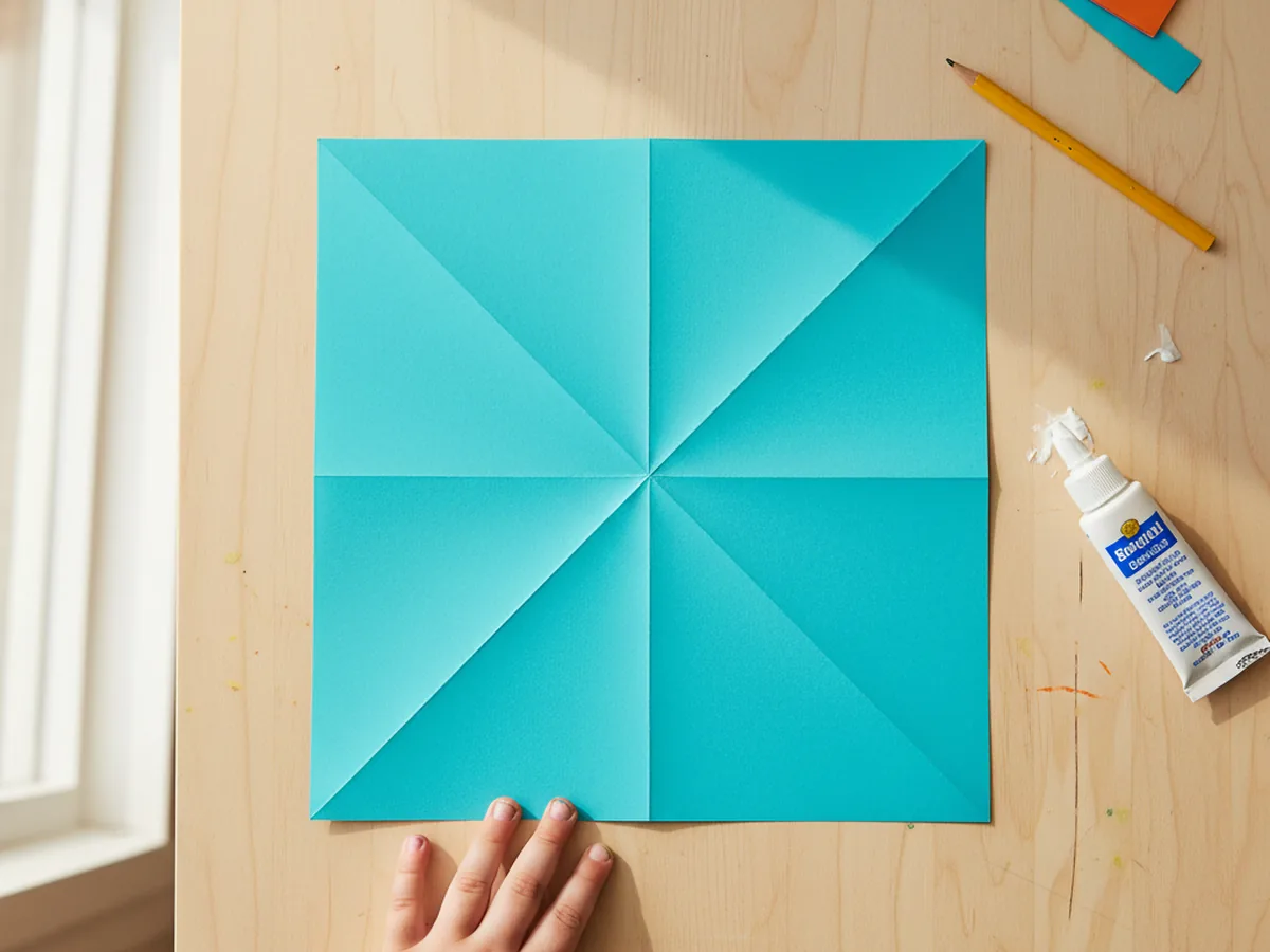 A flat square of colored paper with two diagonal X crease lines folded across the middle for a fortune teller paper craft