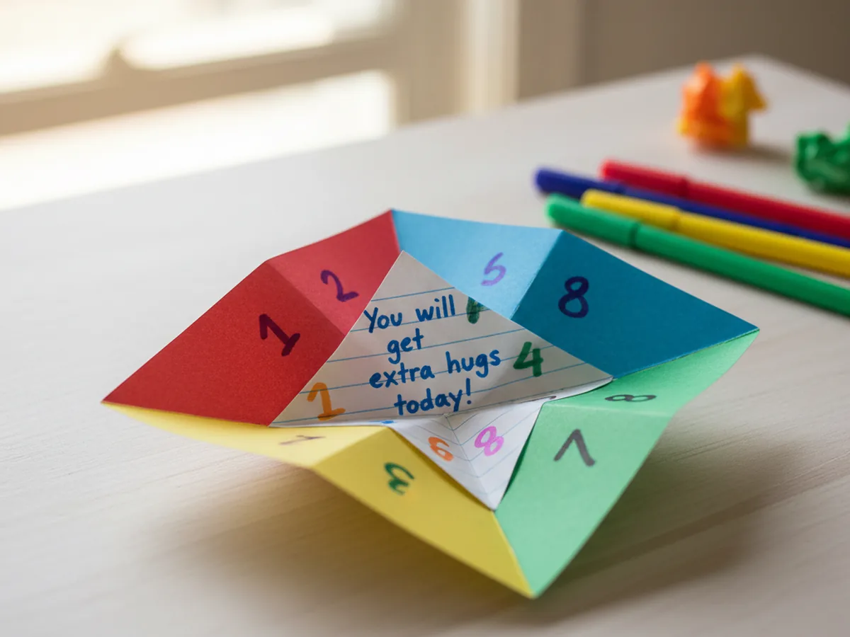 A finished colorful fortune teller paper craft opened to show numbered flaps with fortunes written underneath ready to play
