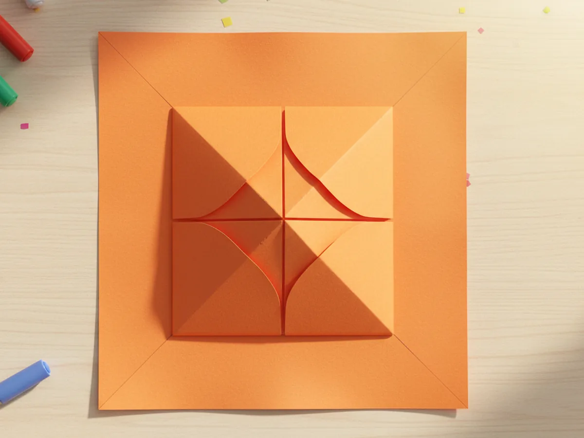 A small folded paper square showing four triangle flaps after flipping and folding the corners again for a fortune teller paper craft