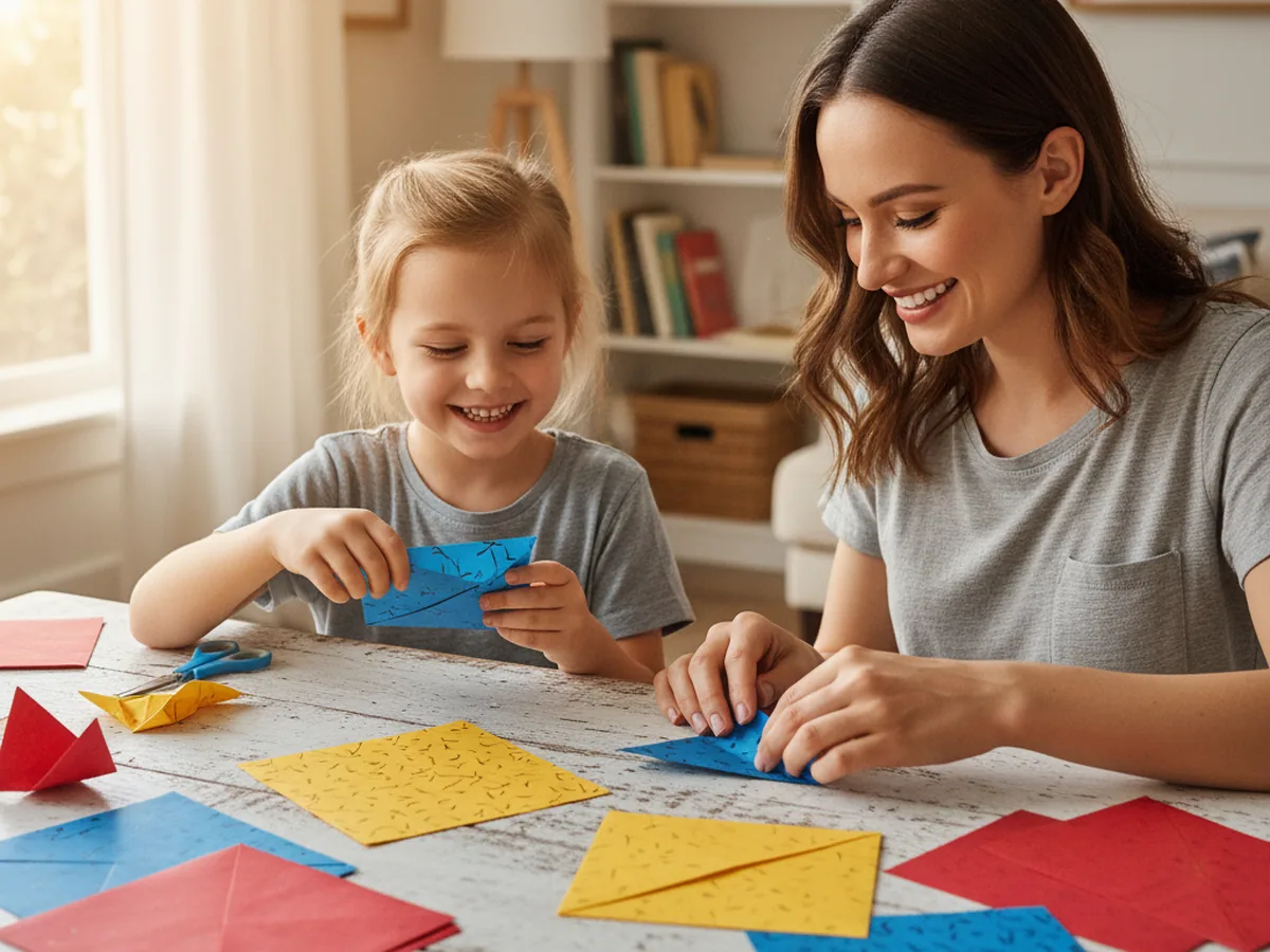 A mom and young child sitting together at a craft table folding colorful paper for a fortune teller paper craft
