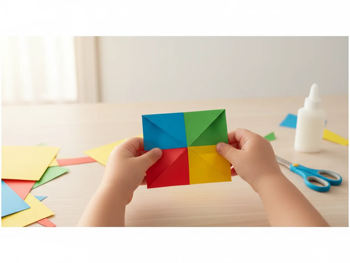 A childs hand opening the four finger pockets of a folded fortune teller paper craft to show the pockets working