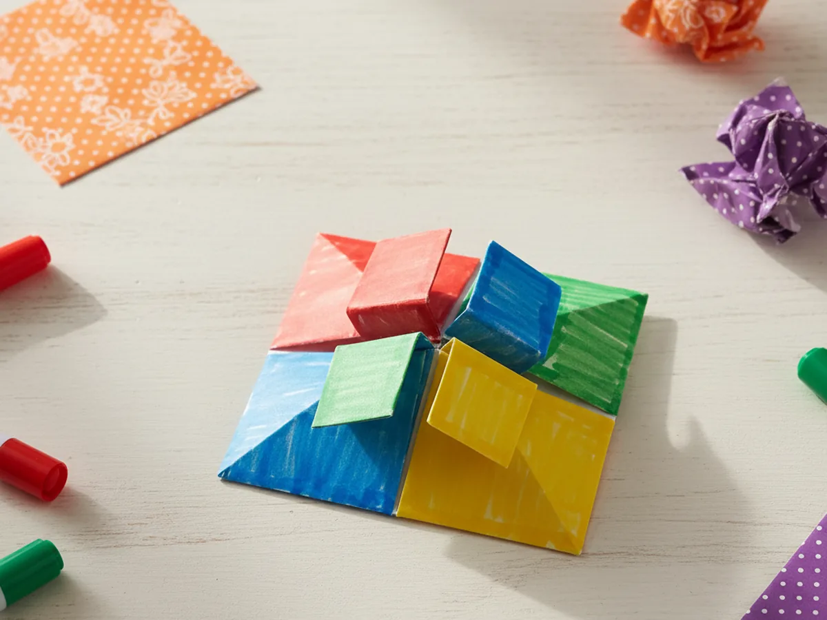 Finished colorful fortune teller paper craft with red, blue, yellow, and green flaps sitting on a white craft table