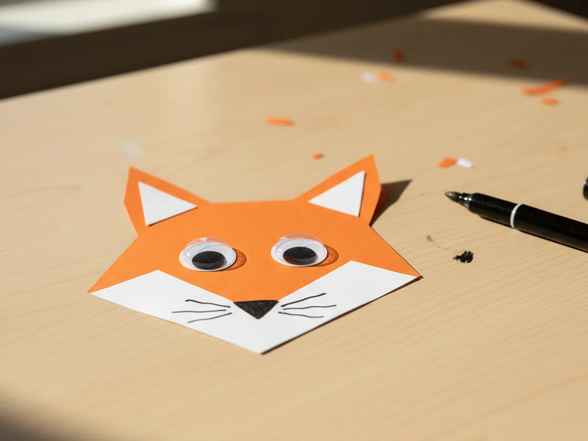 The orange paper fox face card on a light wood craft table with two large googly eyes glued above the white snout, a small black paper triangle nose glued at the top of the snout, and tiny black marker whisker lines drawn on the white snout, with a black marker resting beside the craft