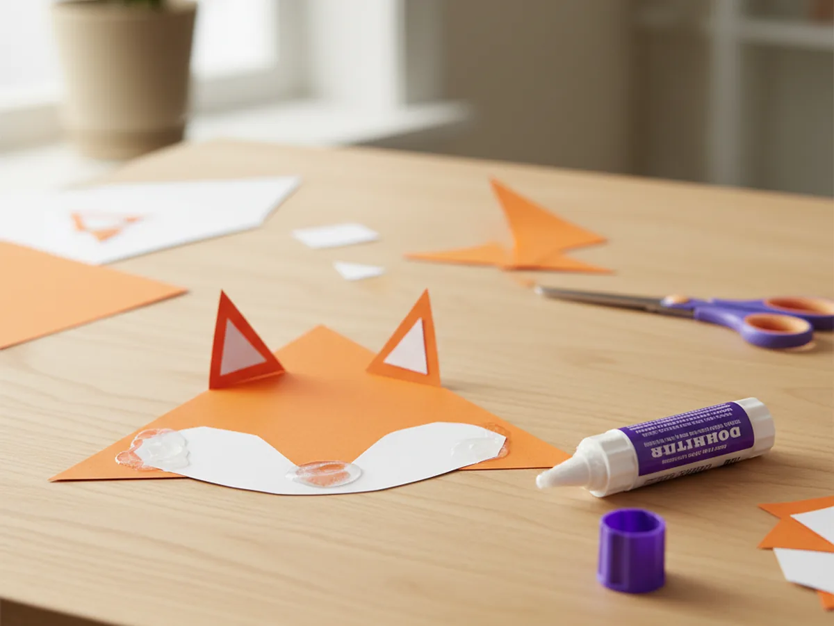 The orange triangle fox face card on a light wood craft table with a rounded white paper snout shape freshly glued onto the lower half of the orange triangle face below where the eyes will go, with the two pointed orange ears already glued at the top showing small white inner triangles