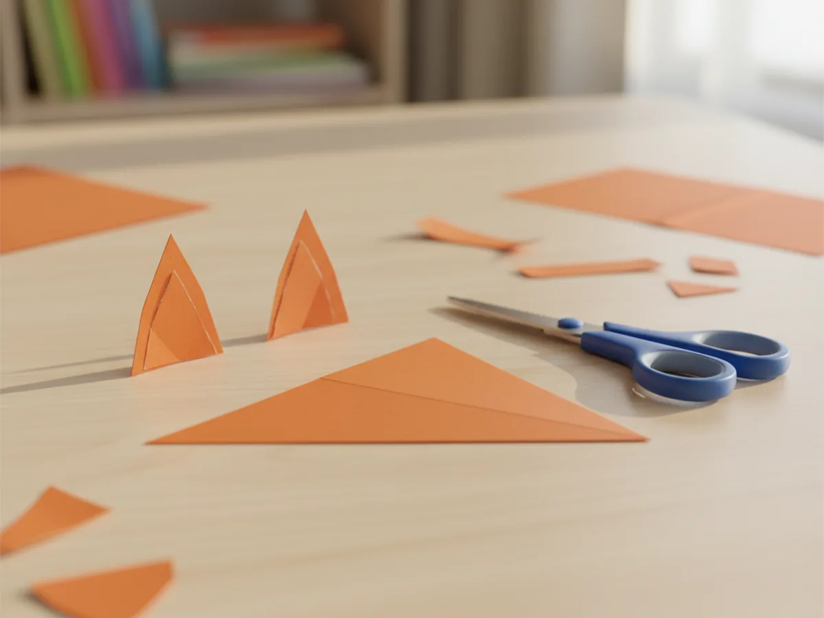 Two small pointed orange paper triangle ears and two slightly smaller white paper triangle inner ears freshly cut and laid out on a light wood craft table next to the larger folded orange triangle fox face base, with kid scissors and paper scraps nearby