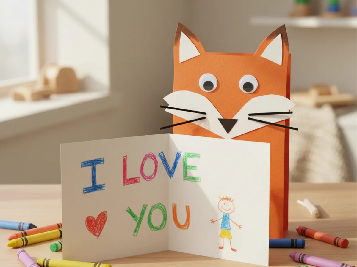 The completed fox paper craft standing open on a light wood craft table showing the inside of the folded card with a child's hand drawn message in bright crayon colors saying I love you, a small heart, and a stick figure drawing of a child and a fox, with the cute fox face peeking from behind