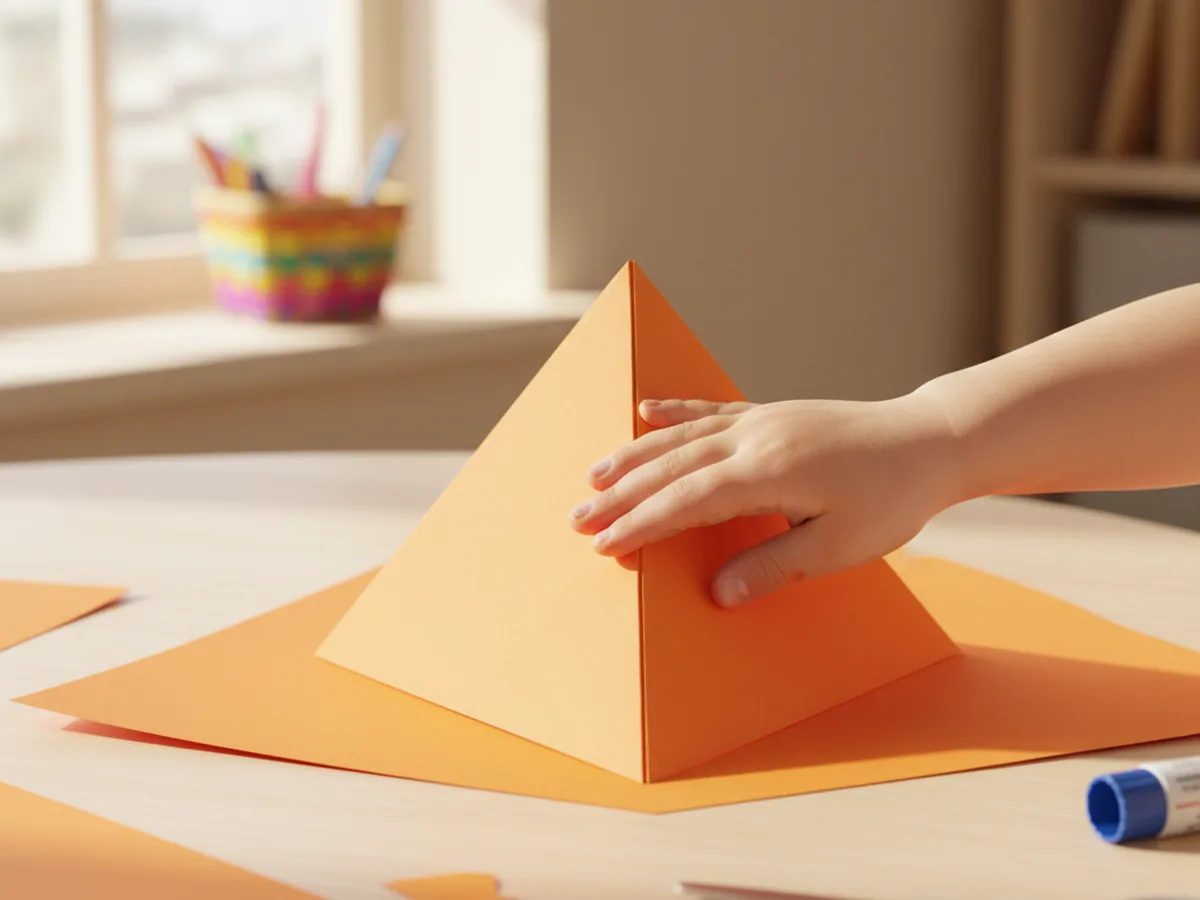 A large square of bright orange construction paper folded diagonally in half on a light wood craft table to form a clean triangle that stands like a tent, with the folded edge at the top and the open edge at the bottom, ready to become a fox face card