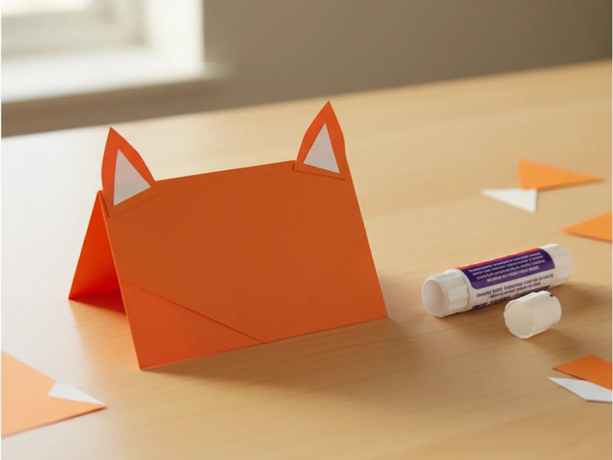 The folded orange triangle fox face card on a light wood craft table with two small pointed orange paper ears glued to the top, each ear with a smaller white paper triangle layered inside as the inner ear, with no snout or eyes yet and a glue stick lying nearby