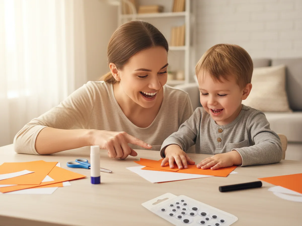 A mom and a young child sitting at a light wood craft table with orange and white construction paper, kid scissors, a glue stick, a black marker, and a pack of googly eyes spread out in front of them, smiling as they start making a fox paper craft together