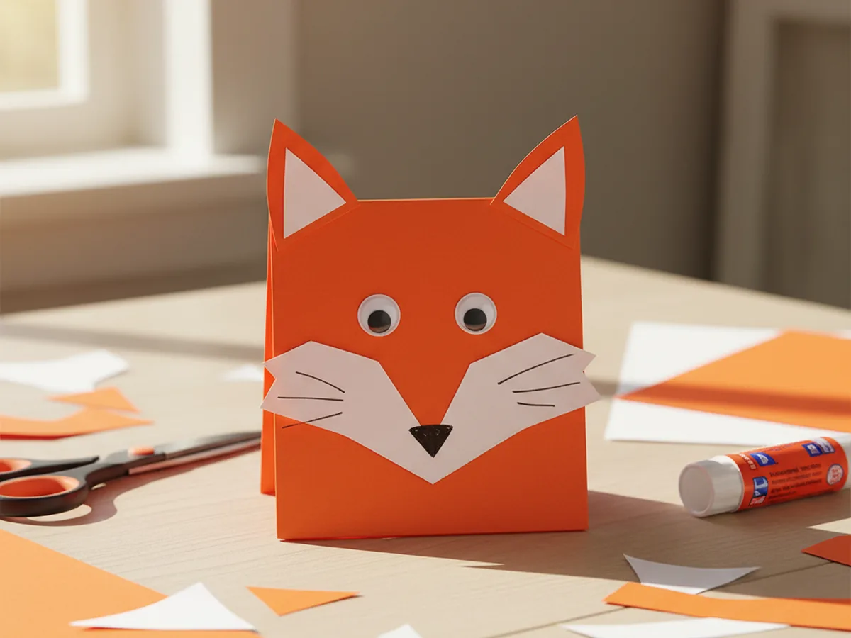 A finished handmade fox paper craft standing upright on a light wood craft table, made from a folded orange construction paper triangle with two pointed orange ears with white inner triangles, a rounded white paper snout, a small black paper triangle nose, two large googly eyes, and tiny black marker whiskers, with paper scraps and a glue stick nearby