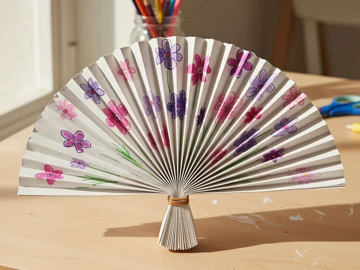 A handmade paper accordion fan made from a brightly decorated sheet of paper folded in a zigzag pattern