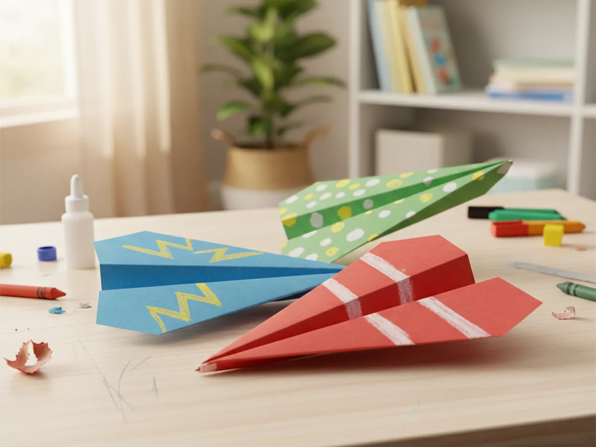 Several handmade paper airplanes in different colors decorated with markers ready to fly