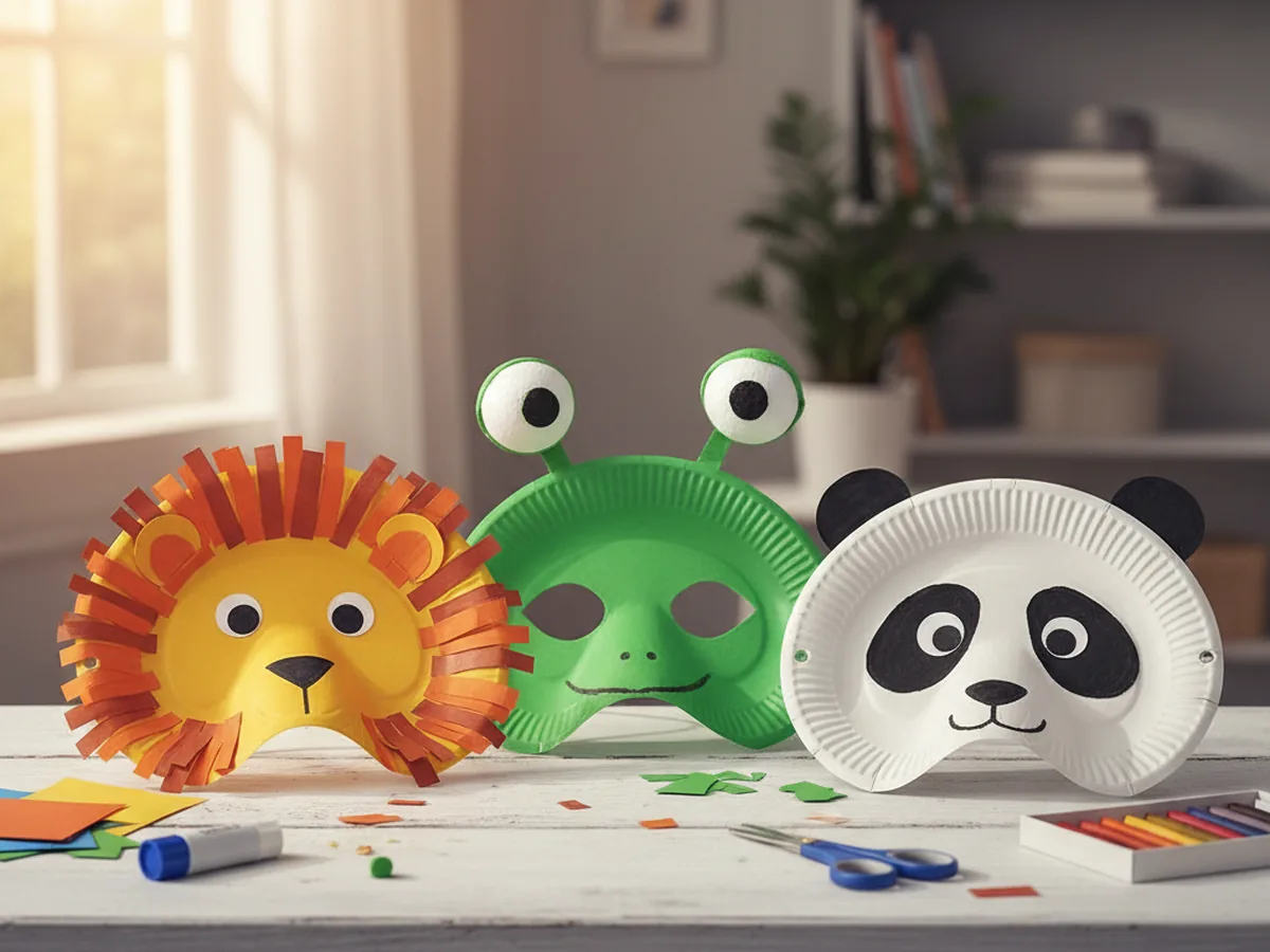 Handmade paper animal masks including a lion, a panda, and a frog with elastic bands laid out on a craft table