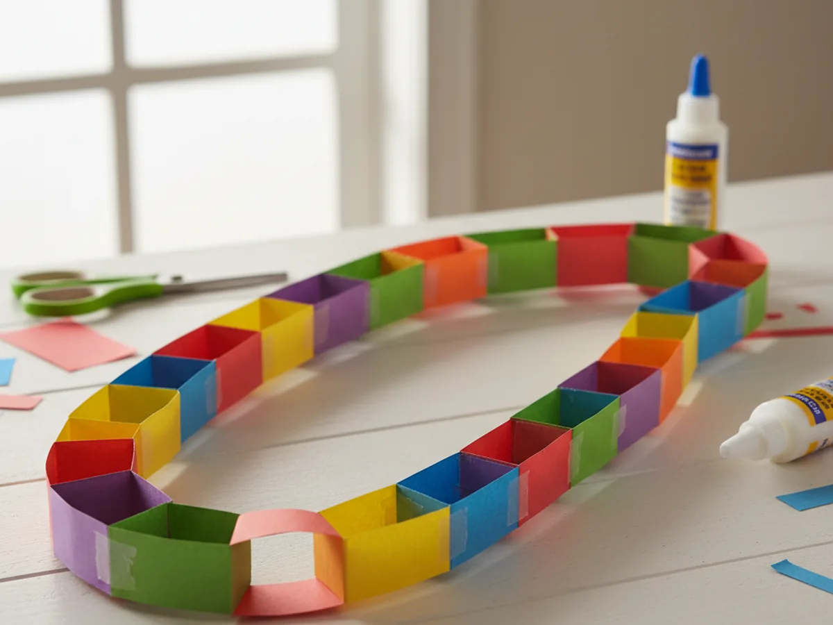 A long colorful paper chain garland made from interlocking loops of construction paper in rainbow colors