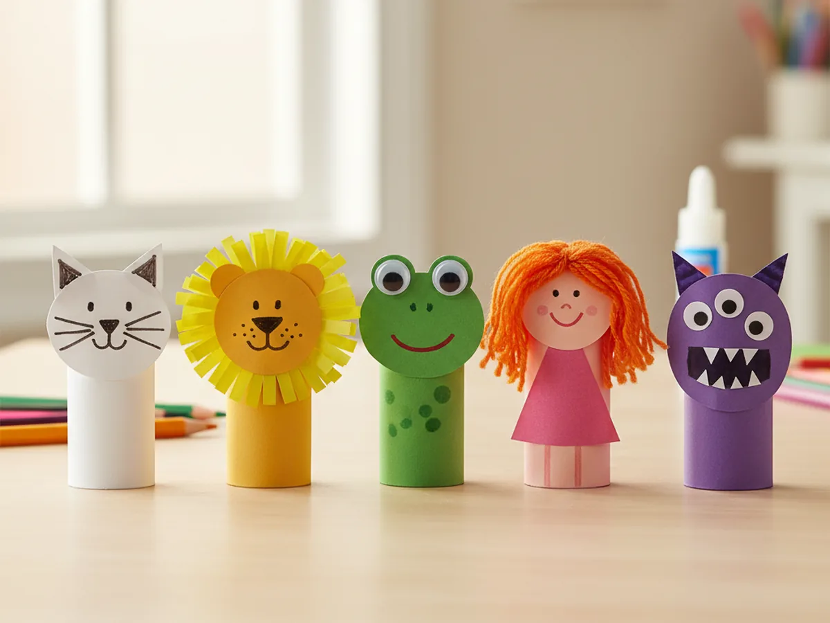 A set of colorful handmade paper finger puppets including animals and characters with googly eyes on a craft table
