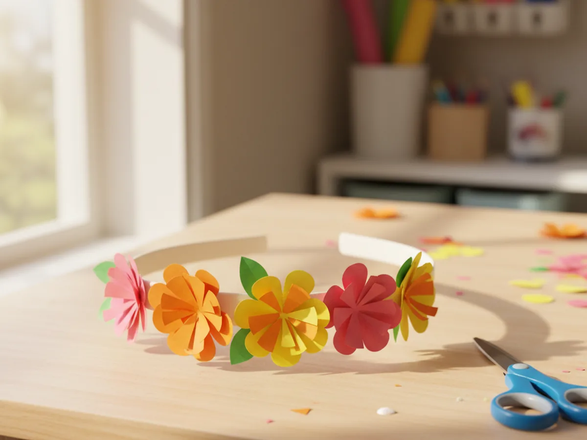 A handmade paper flower headband with colorful paper flowers and green leaf shapes glued along a cardstock band