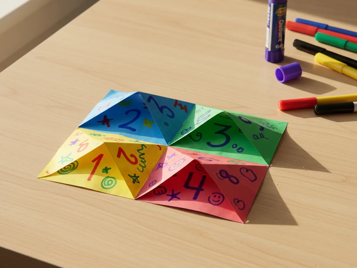 A handmade paper fortune teller in bright colors with numbers and doodles on a craft table
