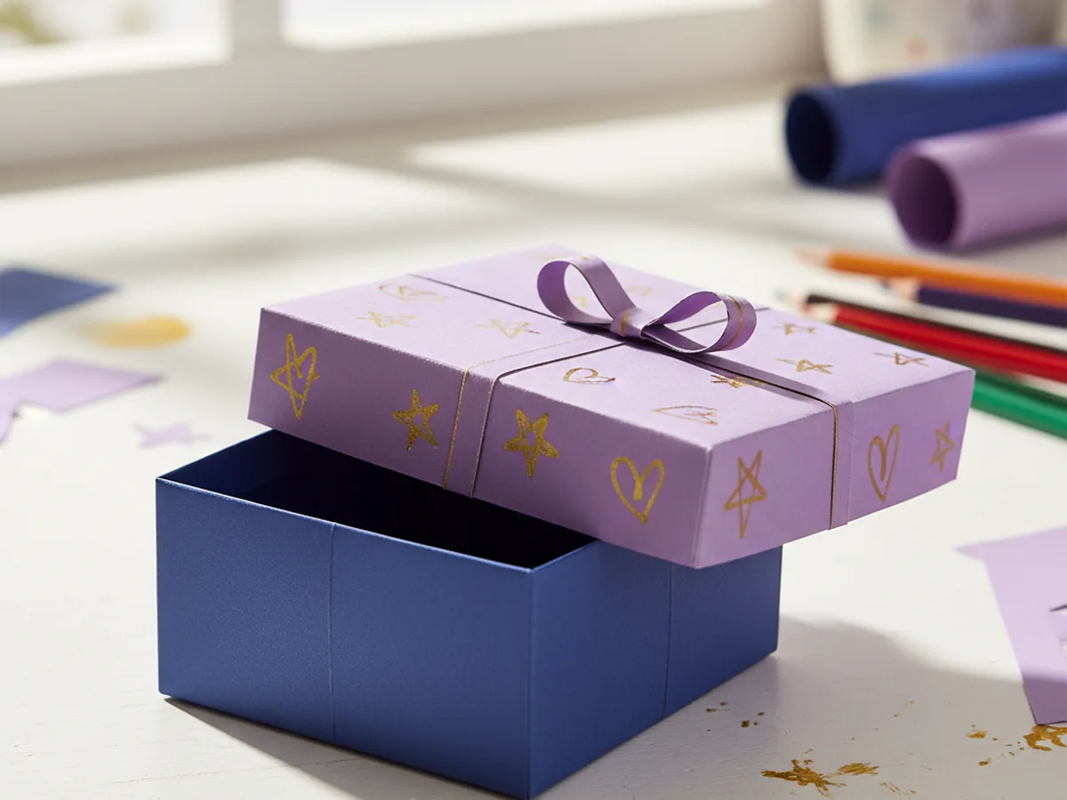 A handmade paper gift box with lid decorated with colorful drawn patterns and a small paper bow on top