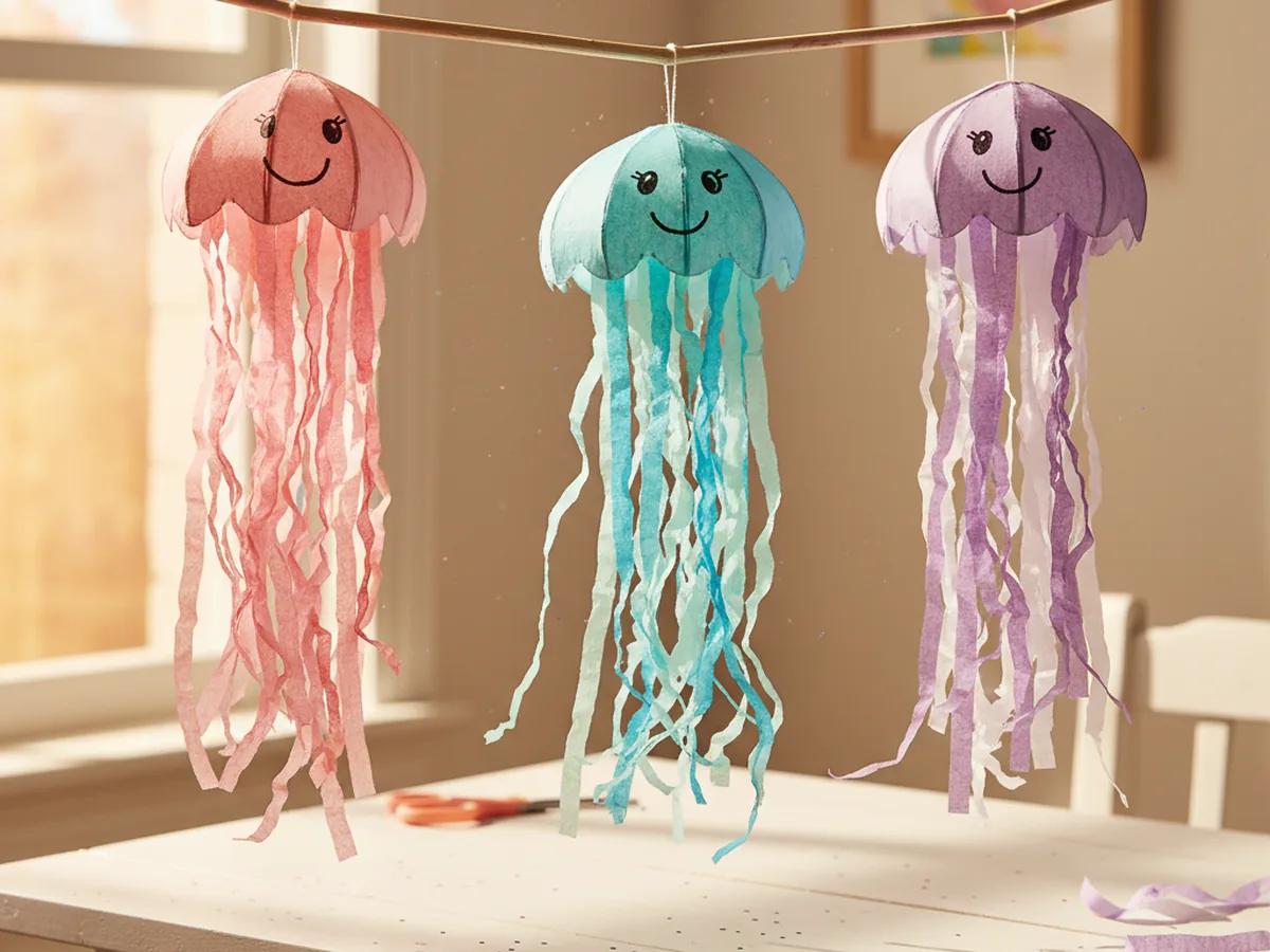 Handmade paper jellyfish hanging from a wooden branch with colorful paper tentacles trailing below each one