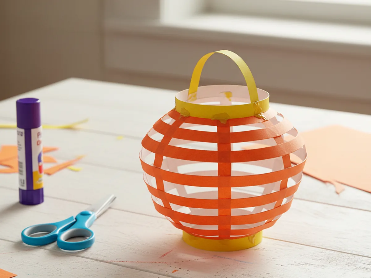 A handmade paper lantern made from folded and slit construction paper in bright colors with a paper handle